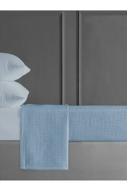 Blue Double Waffle Pique - Suitable Seasonal Bedspread - 200x230cm - 30 Degree Wash-Blue - 1