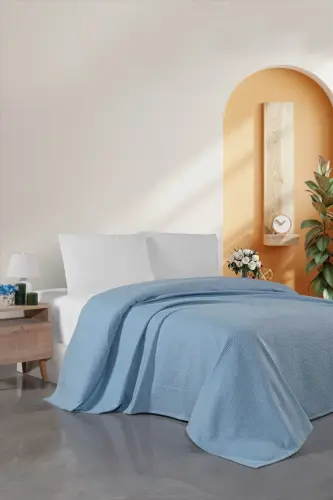 Blue Double Waffle Pique - Suitable Seasonal Bedspread - 200x230cm - 30 Degree Wash-Blue - CEMETEKS (1)