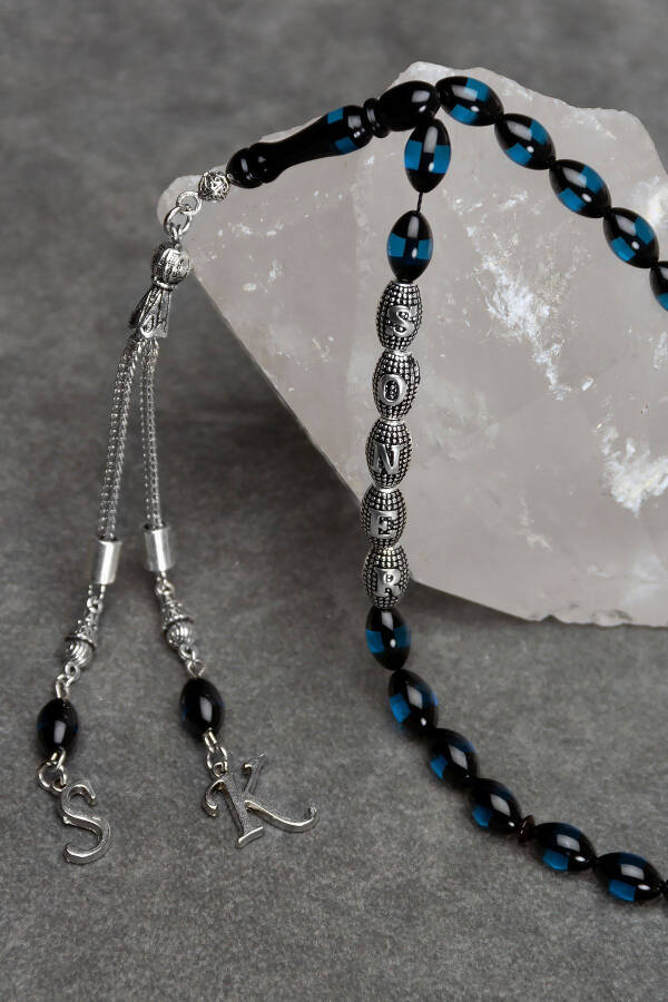 Blue Evil Eye Amber Tasbih with Initial Letter, Personalized Tasbih - 3