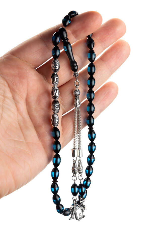 Blue Evil Eye Amber Tasbih with Initial Letter, Personalized Tasbih - 4