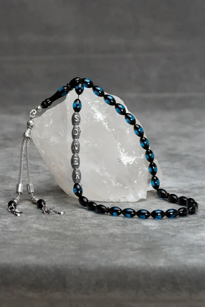 Blue Evil Eye Amber Tasbih with Initial Letter, Personalized Tasbih - OTTOTESBİH (1)