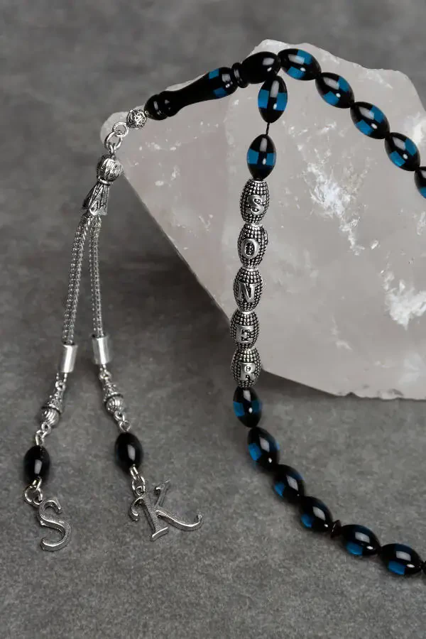 Blue Evil Eye Amber Tasbih with Initial Letter, Personalized Tasbih - 3