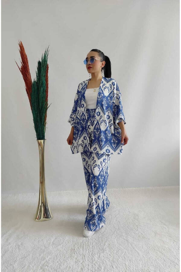 Blue Fashion Patterned Double Kimono Set (Relaxed Fit) - 14