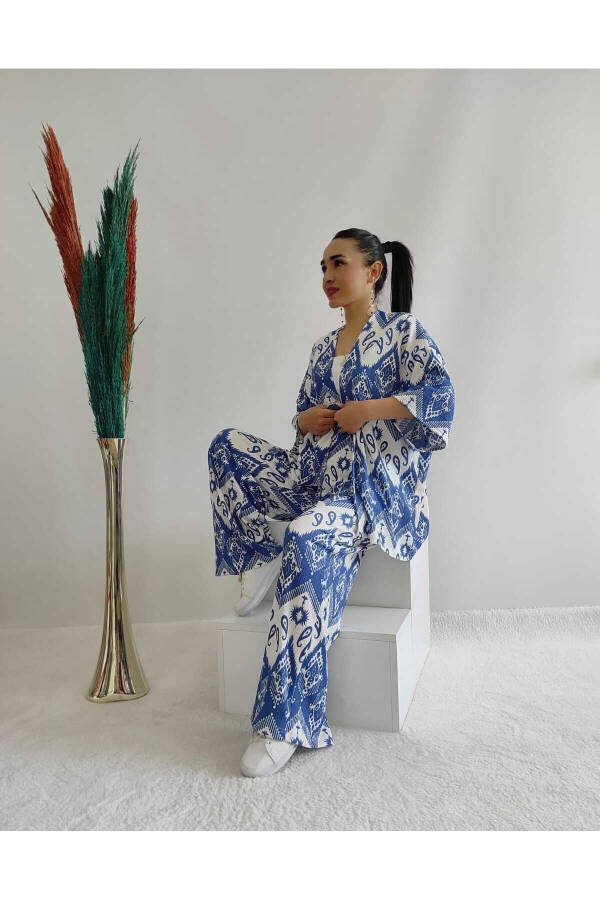 Blue Fashion Patterned Double Kimono Set (Relaxed Fit) - 15