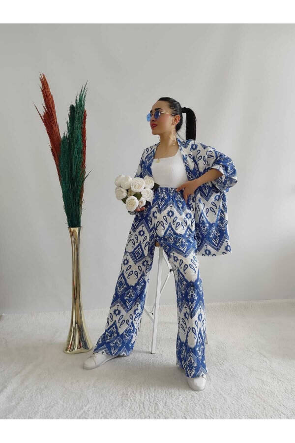 Blue Fashion Patterned Double Kimono Set (Relaxed Fit) - 18