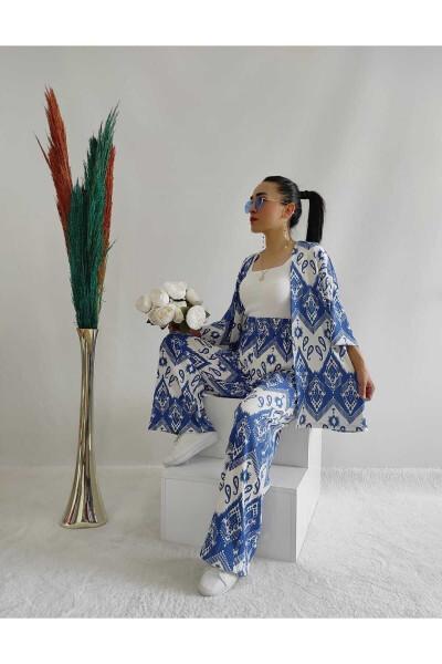 Blue Fashion Patterned Double Kimono Set (Relaxed Fit) - 19