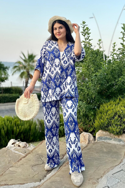 Blue Fashion Patterned Double Kimono Set (Relaxed Fit) - 6