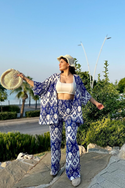 Blue Fashion Patterned Double Kimono Set (Relaxed Fit) - İPLI