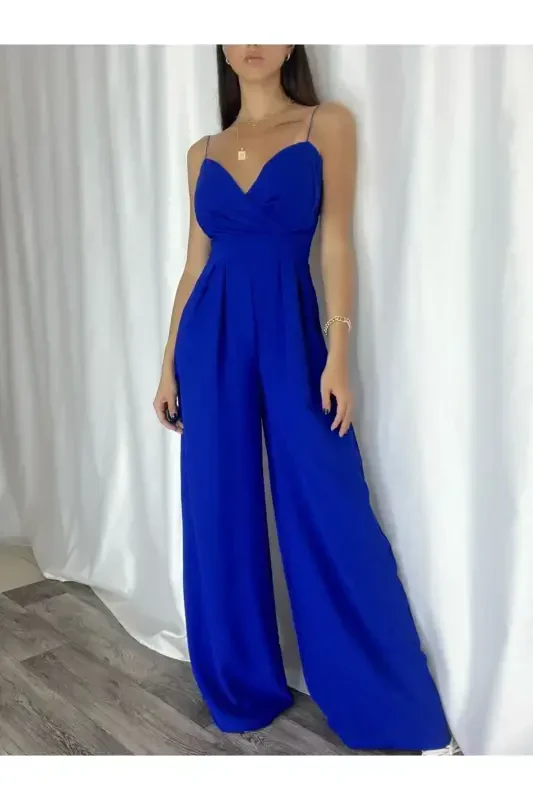 Blue Flexible Crepe Fabric Strappy Crossover Neck Long Evening Jumpsuit 582101 697-BLUE - 1