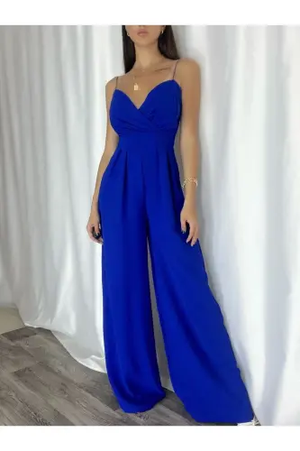 Blue Flexible Crepe Fabric Strappy Crossover Neck Long Evening Jumpsuit 582101 697-BLUE - 5
