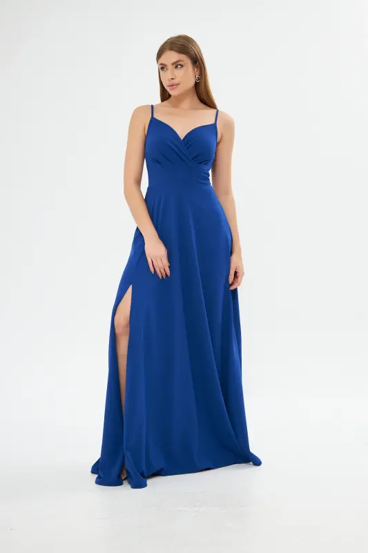 Blue Flexible Fabric Spaghetti Strap Slit Detailed Long Evening And Prom Dress 582189 698-BLUE - 10