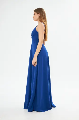 Blue Flexible Fabric Spaghetti Strap Slit Detailed Long Evening And Prom Dress 582189 698-BLUE 