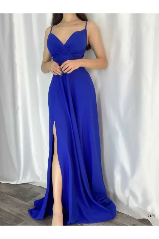 Blue Flexible Fabric Spaghetti Strap Slit Detailed Long Evening And Prom Dress 582189 698-BLUE - 5