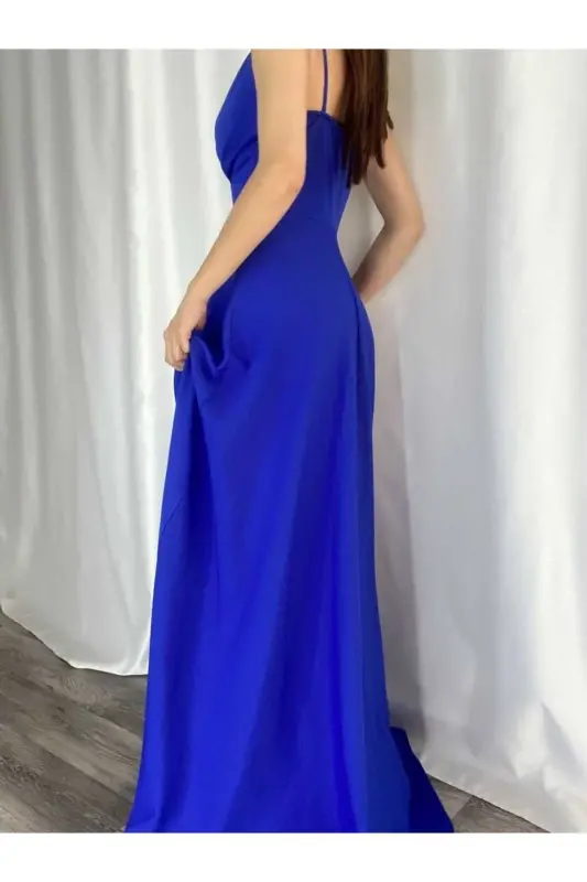Blue Flexible Fabric Spaghetti Strap Slit Detailed Long Evening And Prom Dress 582189 698-BLUE - 6