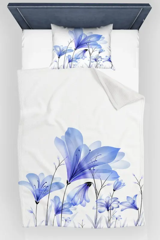Blue Floral Pattern Printed Decorative Bedspread Single Size Padded Pique Set-Pattern - ELSE DEKOR