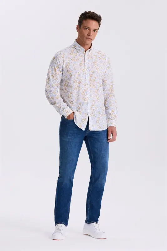 Blue Floral Patterned Collar Buttoned Comfort Fit Shirt - 2