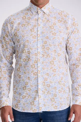 Blue Floral Patterned Collar Buttoned Comfort Fit Shirt - 4