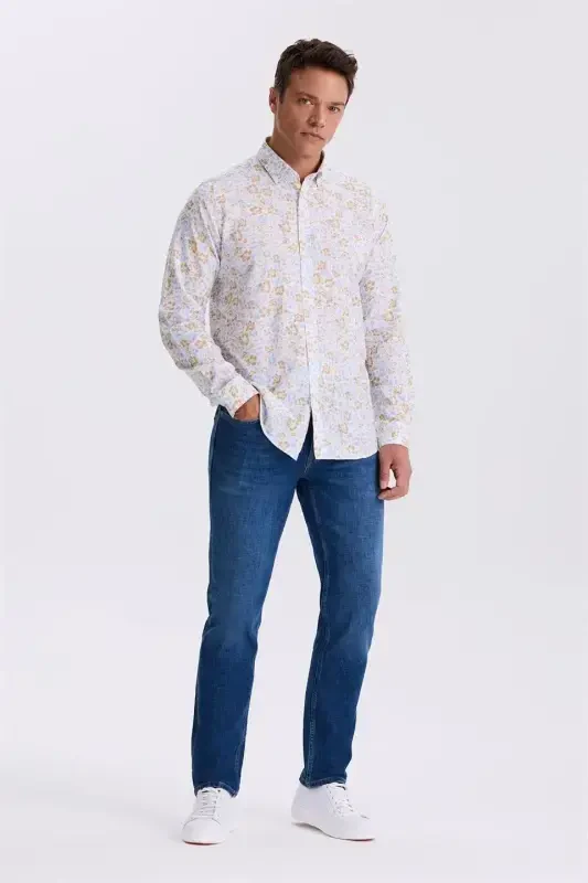 Blue Floral Print Button Down Comfort Fit Shirt - 2