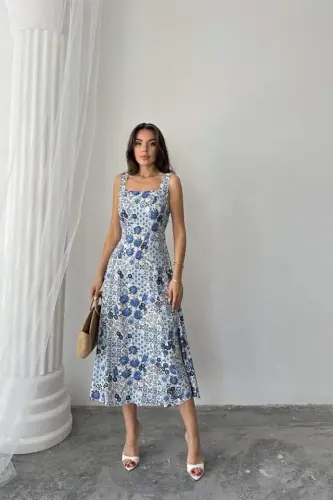Blue Floral Viscose Dress - 1