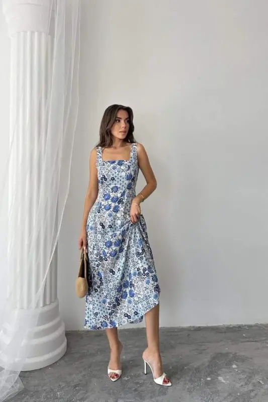 Blue Floral Viscose Dress - 2