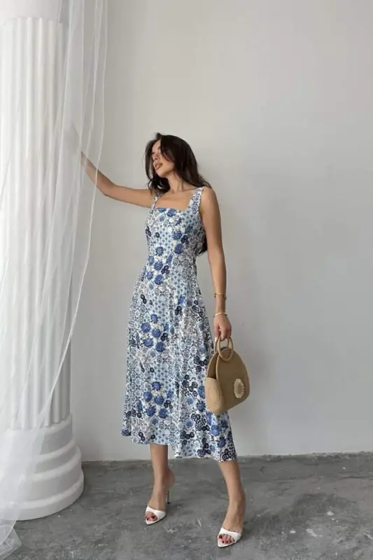 Blue Floral Viscose Dress - 3