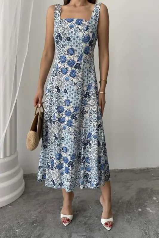 Blue Floral Viscose Dress - 4