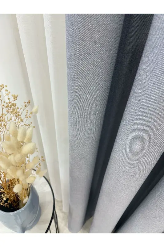 Blue Gray Linen Look 1/3 Dense Pleated Curtain-BlueGray - 2