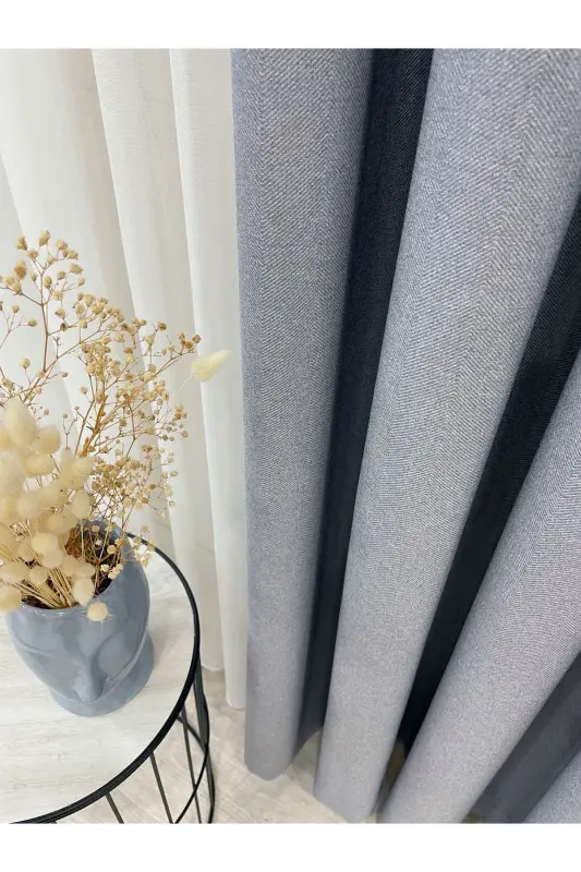 Blue Gray Linen Look 1/3 Dense Pleated Curtain-BlueGray - 3