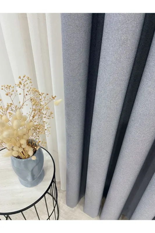 Blue Gray Linen Look 1/3 Dense Pleated Curtain-BlueGray - 4