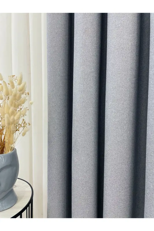 Blue Gray Linen Look 1/3 Dense Pleated Curtain-BlueGray - 5