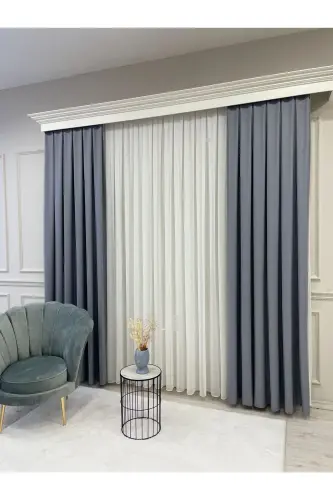 Blue Gray Linen Look 1/3 Dense Pleated Curtain-BlueGray - 6