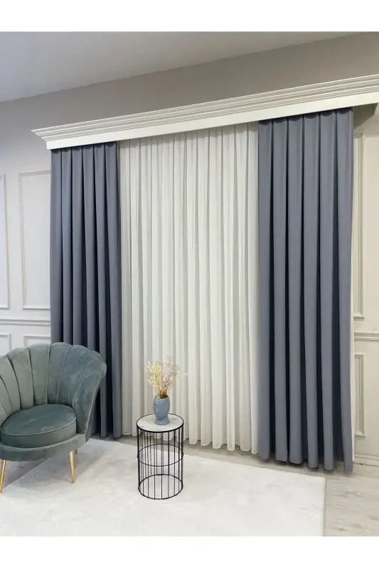 Blue Gray Linen Look 1/3 Dense Pleated Curtain-BlueGray - 6