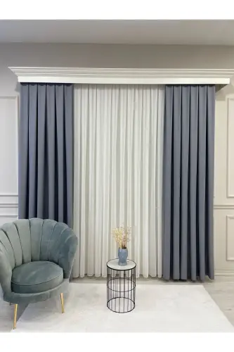 Blue Gray Linen Look 1/3 Dense Pleated Curtain-BlueGray - 7
