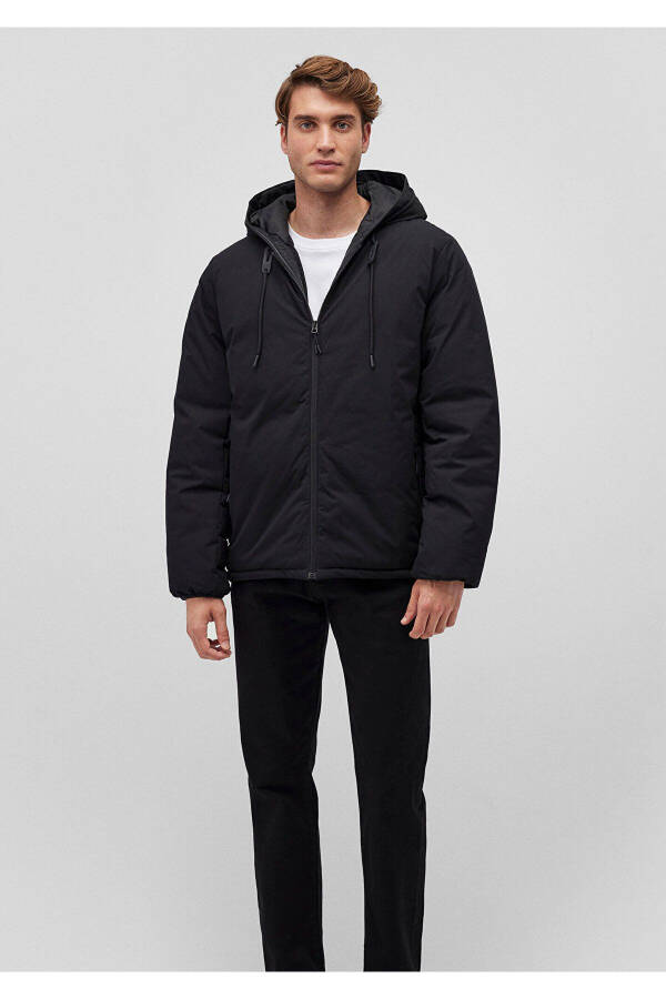 Blue hooded black puffer jacket - 4