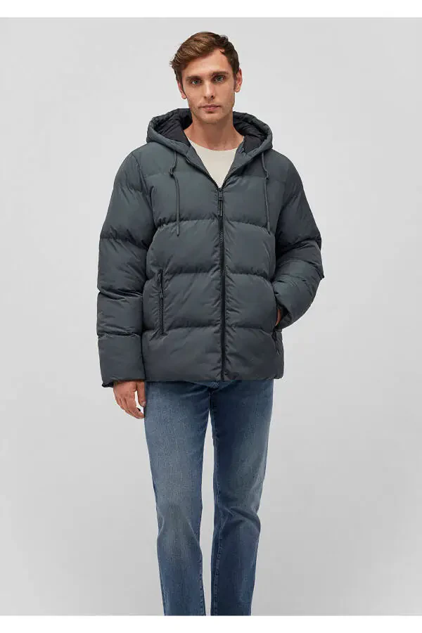 Blue hooded black puffer jacket - 1