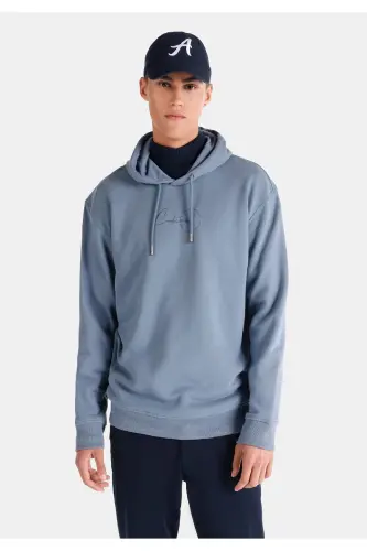 Blue, hooded, printed men's sweatshirt (regular fit) - 1
