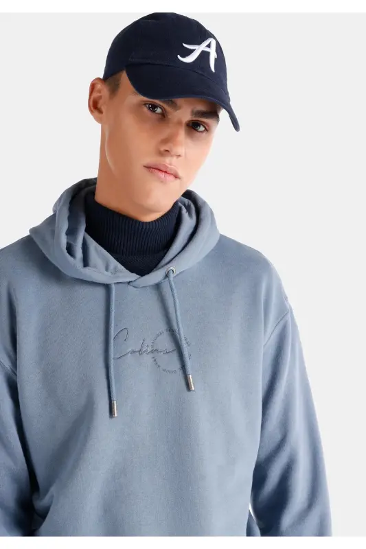 Blue, hooded, printed men's sweatshirt (regular fit) - 4