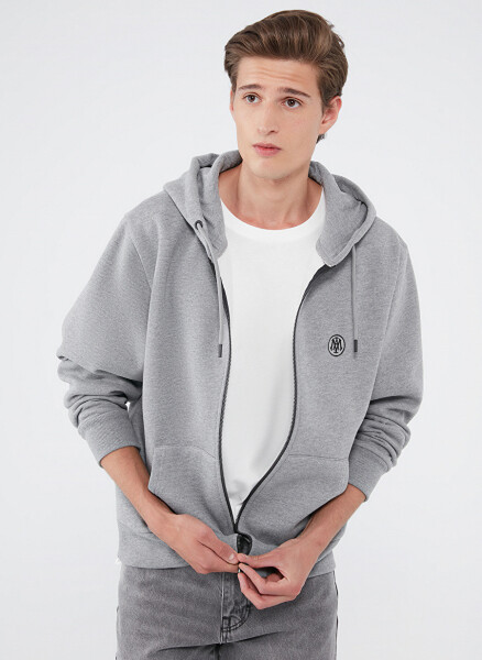 Blue Hooded Standard Plain Grey Melange Men's Fleece Sweatshirt M066979-34686 - 1