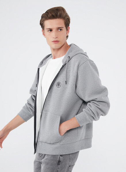 Blue Hooded Standard Plain Grey Melange Men's Fleece Sweatshirt M066979-34686 - 2