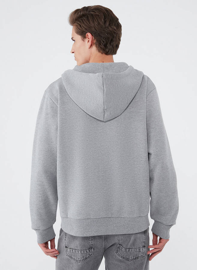 Blue Hooded Standard Plain Grey Melange Men's Fleece Sweatshirt M066979-34686 - 4