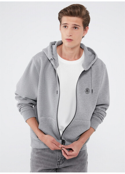 Blue Hooded Standard Plain Grey Melange Men's Fleece Sweatshirt M066979-34686 - 7