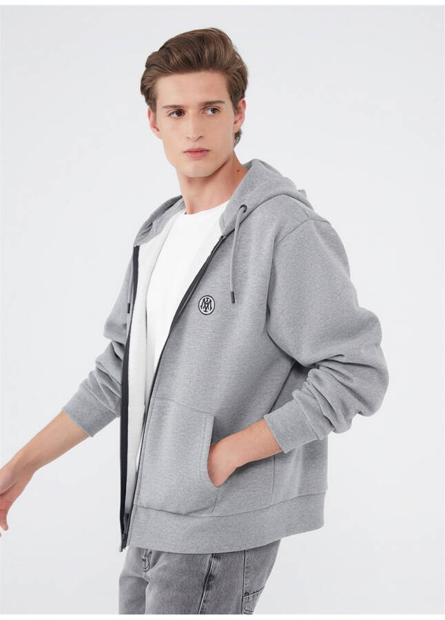 Blue Hooded Standard Plain Grey Melange Men's Fleece Sweatshirt M066979-34686 - 8