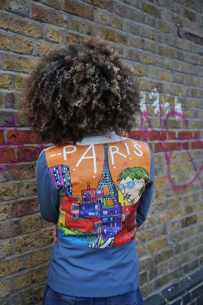 Blue Ikigai Paris Printed Zero Collar Zippered Women's Leather Jacket - 5