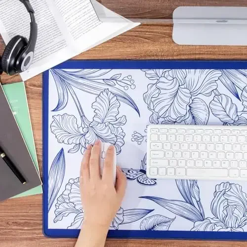 Blue Large Extended Mouse Pad, Beautiful Flowers Plants, Waterproof Mouse Mat for Home and Office, Gaming Mousepad Laptop Keyboard Mat with Non-Slip Base, Stitched Edges (35.4