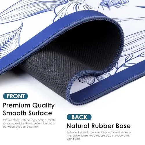 Blue Large Extended Mouse Pad, Beautiful Flowers Plants, Waterproof Mouse Mat for Home and Office, Gaming Mousepad Laptop Keyboard Mat with Non-Slip Base, Stitched Edges (35.4