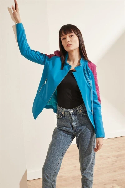 Blue leather biker jacket with Doha city print. - DERIDERIM