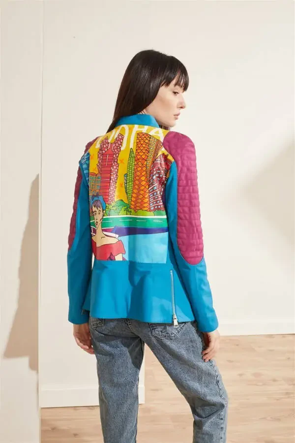 Blue leather biker jacket with Doha city print. - 3