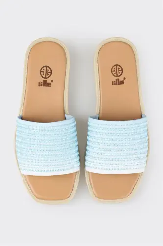 Blue Leather Women's Flat Slipper-Blue 