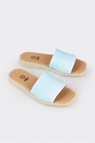 Blue Leather Women's Flat Slipper-Blue - 4