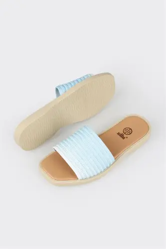 Blue Leather Women's Flat Slipper-Blue - 5